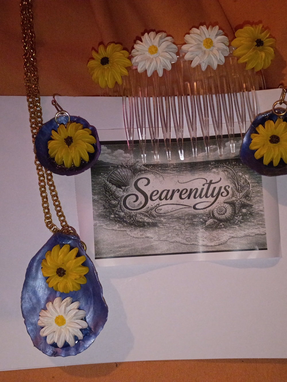 Handmade Jingleshell Necklace  Earrings Set in Blue with Yellow & White Flowers
